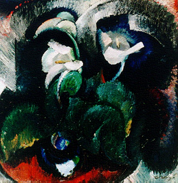 Berg E.  | Arums in a vase, oil on canvas 78.0 x 76.0 cm, signed l.r. and painted 1917