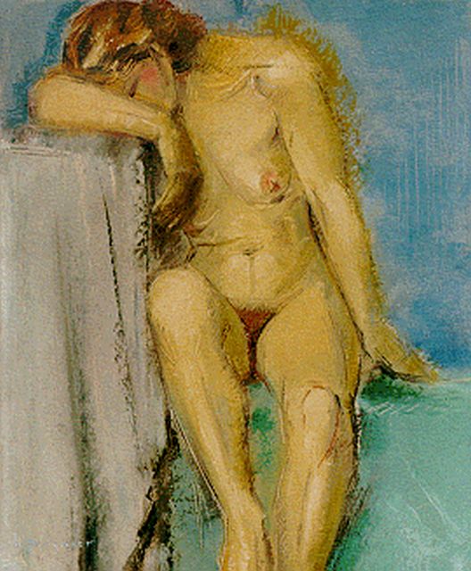 Henri Pinguenet | A seated nude, oil on panel, 47.1 x 38.8 cm, signed l.l.