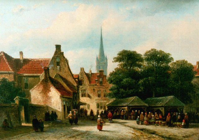 Petrus Gerardus Vertin | Townsfolk on a square, oil on panel, 19.9 x 27.9 cm, signed l.r.