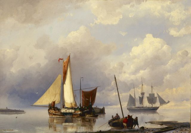 Koekkoek J.H.B.  | Shipping in a calm, oil on canvas 43.3 x 62.0 cm, signed l.l.