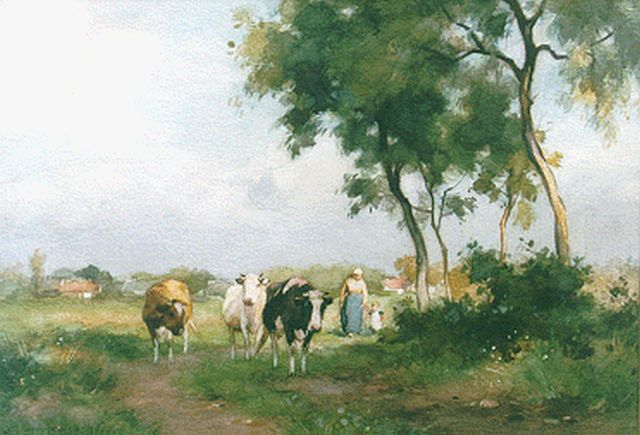 Groenewegen A.J.  | Mother and child with cattle in a meadow, watercolour on paper 22.6 x 31.6 cm, signed l.l.