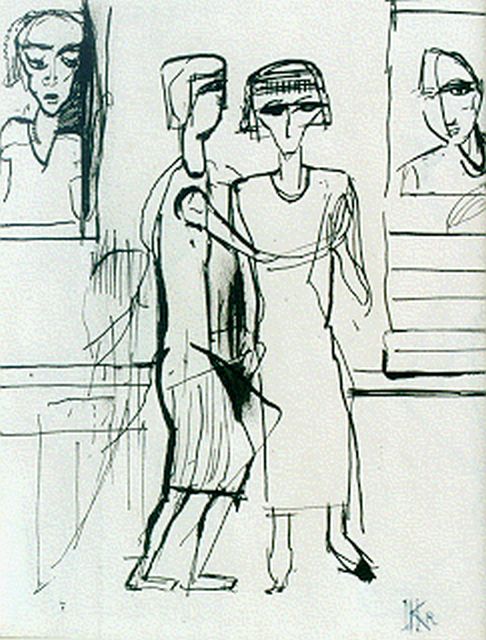 Kruyder H.J.  | Visiting a museum (recto): figures (verso), Indian ink on paper 20.0 x 15.0 cm, signed l.r. with monogram