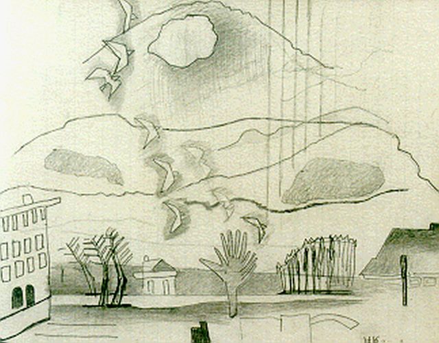 Herman Kruyder | Landscape with birds, pencil on paper, 19.7 x 24.8 cm, signed l.r.