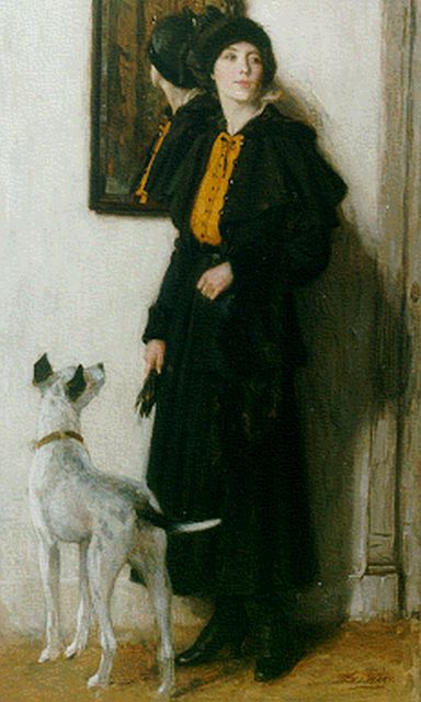 Nicolaas van der Waay | An elegant lady and her dog, oil on canvas, 70.6 x 44.2 cm, signed l.r.