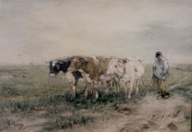 Mauve A.  | A farmer and oxes, watercolour on paper 22.5 x 32.5 cm, signed l.l.