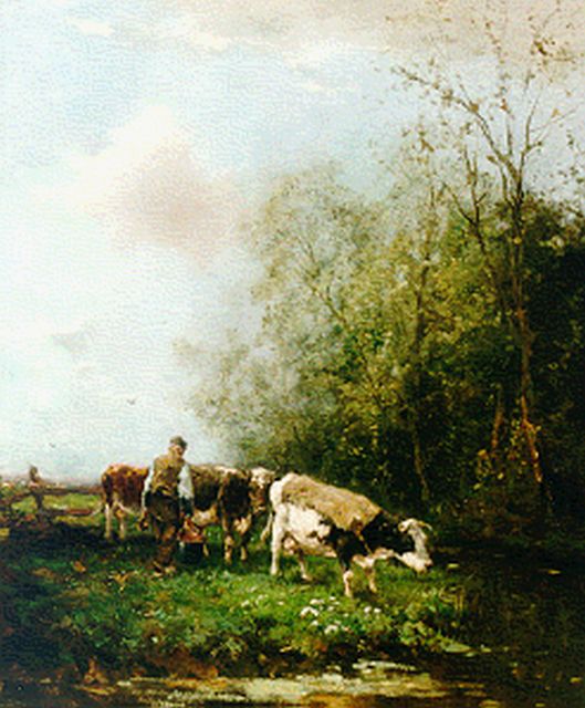 Johan Frederik Cornelis Scherrewitz | Milking the cows, oil on canvas, 65.5 x 55.3 cm, signed l.r.
