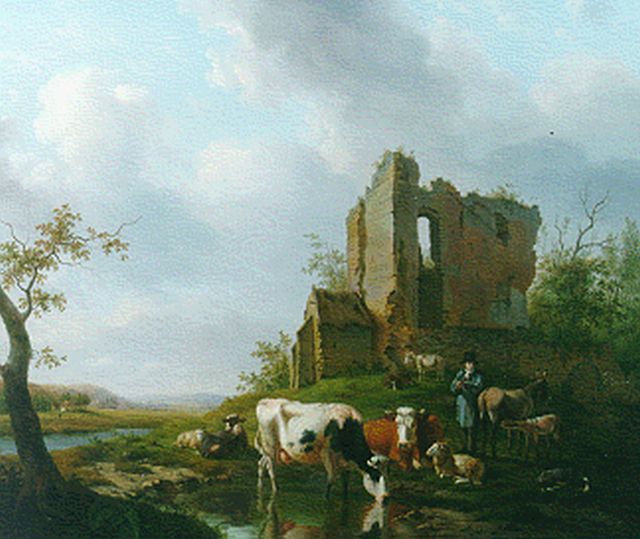 Sande Bakhuyzen H. van de | Cattle by a ruin, oil on canvas 59.0 x 70.9 cm, signed l.r.