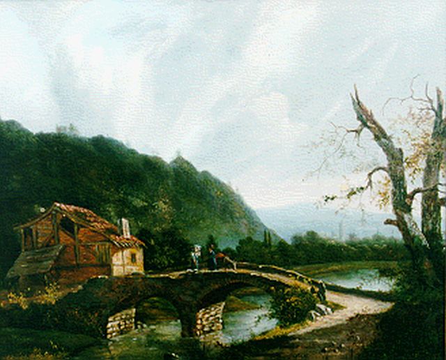 Jacobus Hendricus Johannes Nooteboom | Mountainous landscape with figures on a bridge, oil on panel, 35.3 x 43.1 cm, signed l.r.