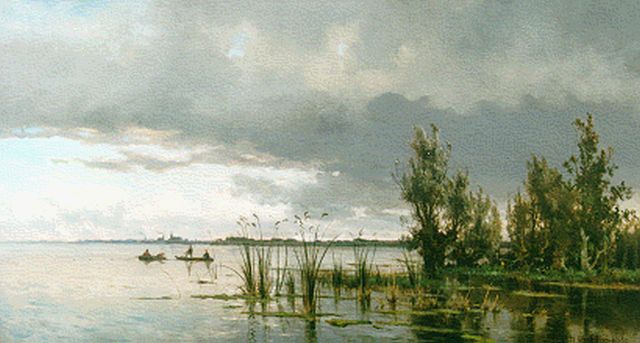 Schampheleer E. de | An extensive lake landscape between Middelburg and Rotterdam, oil on canvas 54.2 x 100.2 cm, signed l.r. and dated 1877