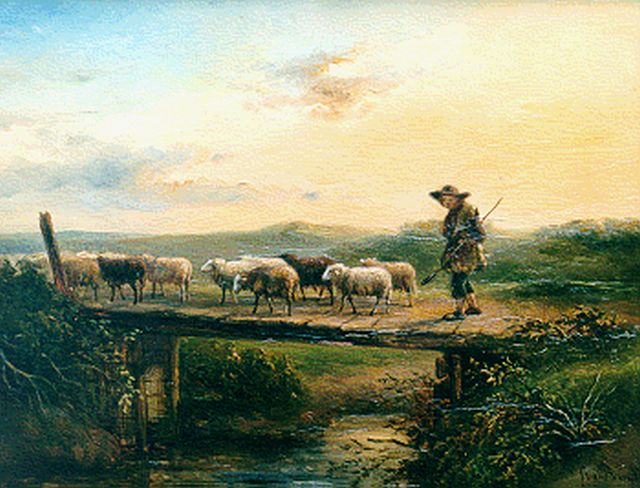 Simon van den Berg | A shepherd with his flock, oil on panel, 24.0 x 31.3 cm, signed l.r.