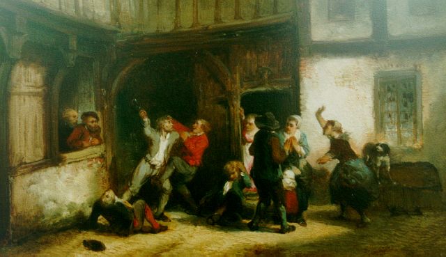 Herman ten Kate | Street fight, oil on panel, 14.7 x 24.8 cm, signed l.l.