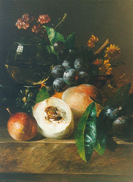 Weidner W.F.  | Still life with peaches, grapes and a 'roemer', oil on panel 25.8 x 19.1 cm, signed l.r.