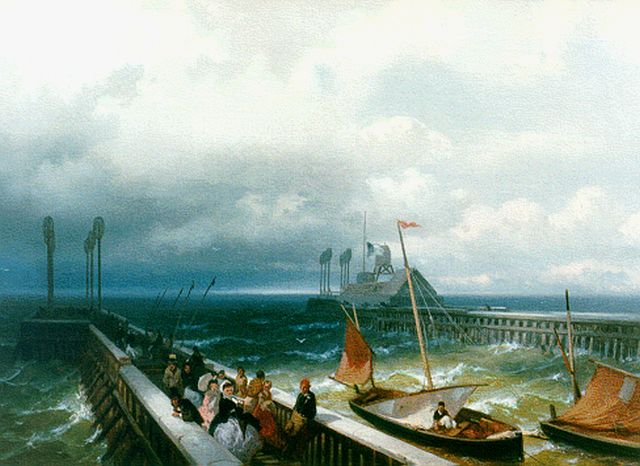 Frans Arnold Breuhaus de Groot | Strollers on a jetty, oil on canvas, 33.4 x 45.9 cm, signed l.l.