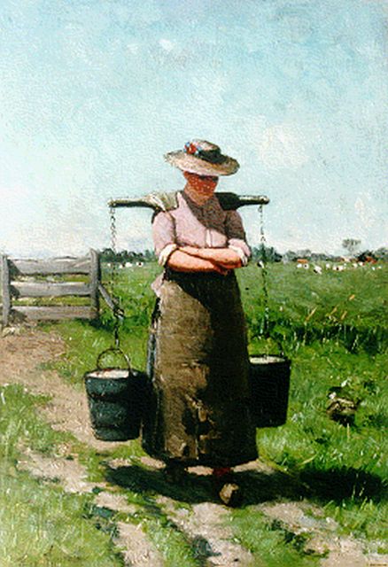 Hanrath T.  | Milk-maid, oil on panel 38.2 x 26.6 cm, signed l.l.