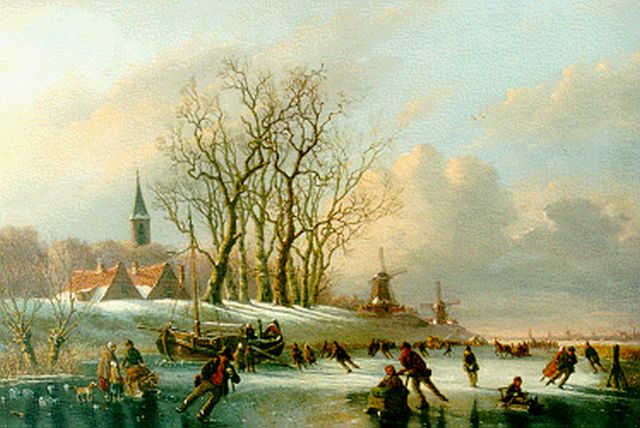 Meijier A.A. de | Skaters on a frozen waterway, oil on panel 45.7 x 67.6 cm