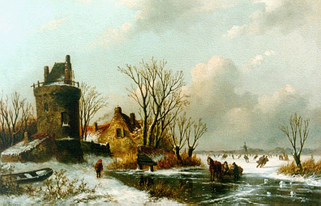 Sierich L.C.  | A winter landscape with skaters on the ice, oil on panel 24.7 x 38.5 cm, signed l.l.