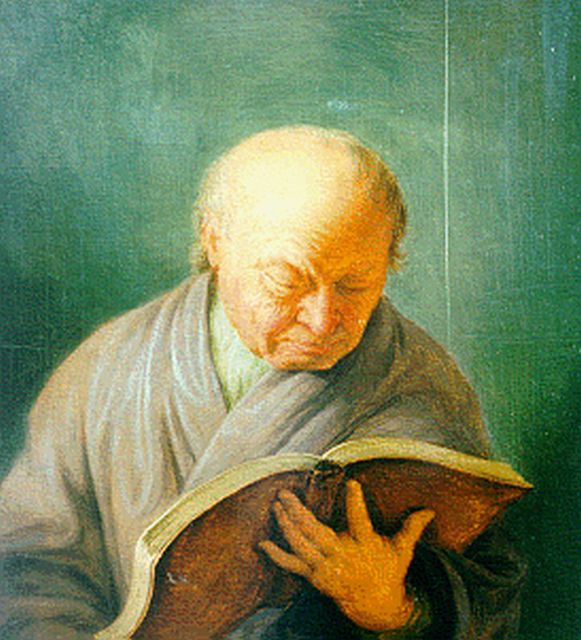 Mieris de Jonge F. van | Elderly man with a book, oil on panel 18.2 x 16.8 cm, signed on the reverse and dated 1740