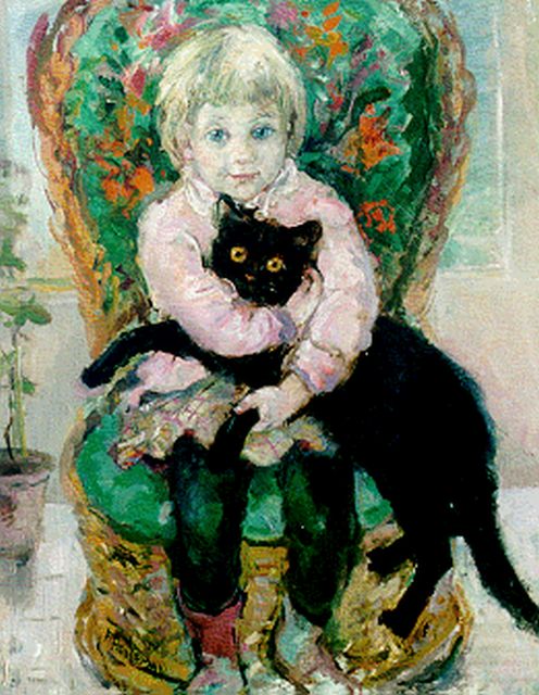 Holleman F.  | A girl with a black cat, oil on panel 50.0 x 40.0 cm, signed l.l.
