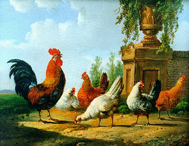 Albertus Verhoesen | A rooster and five chickens, oil on panel (2 pieces), 12.8 x 15.4 cm