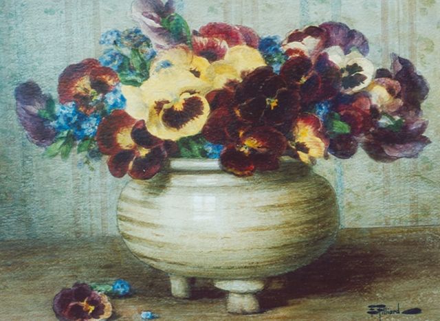 Filliard E.  | Pansies in an earthenware pot, watercolour on paper 42.5 x 34.2 cm, signed l.r.