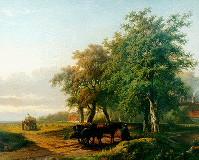 Georgius Heerebaart | Hooiwagens aan de rand van het bos - i.o.!!!, oil on panel, 35.8 x 45.4 cm, gesigneerd l.o.