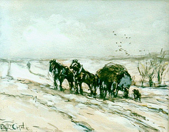 Louis Apol | A hay-wagon in winter, gouache on paper, 11.5 x 14.7 cm, signed l.l.