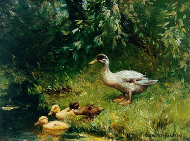 Constant Artz | Duck with ducklings watering, oil on panel, 18.1 x 24.1 cm, signed l.r.