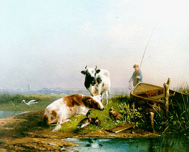 Knip A.  | Cows and ducks by a stream, oil on panel 21.3 x 26.8 cm, signed l.l.