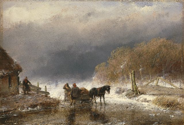 Andreas Schelfhout | Figuren en paard op het ijs, oil on panel, 15.8 x 23.0 cm, gesigneerd l.o.