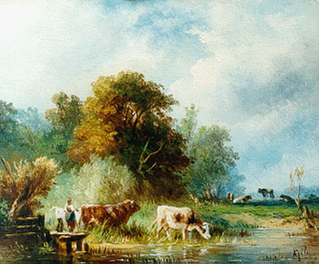 Albert Jurardus van Prooijen | A polder landscape with cows watering, oil on panel, 13.5 x 16.5 cm, signed l.r.