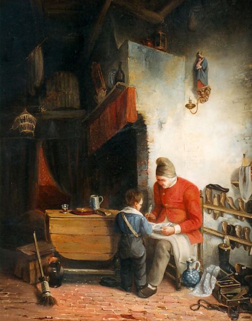Molijn P.M.  | Cobbler, oil on panel 40.5 x 34.3 cm, signed with monogram and dated '42