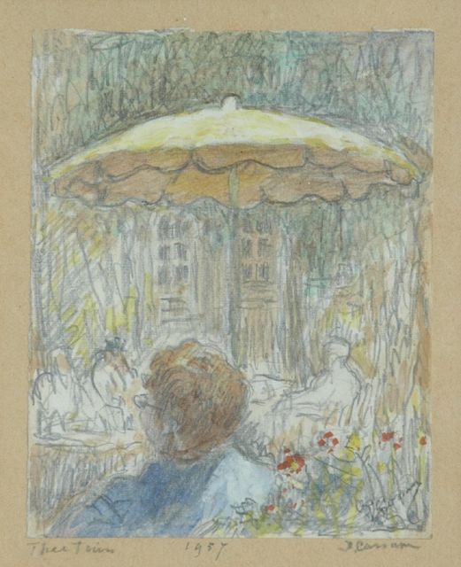 Cossaar J.C.W.  | Teagarden, chalk and watercolour on paper 14.5 x 11.5 cm, signed l.r. and dated 1957