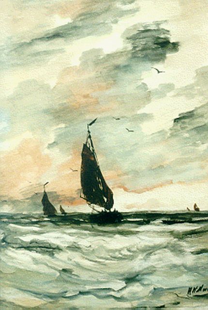 Hendrik Willem Mesdag | Sailing vessels on choppy waters, watercolour on paper, 54.9 x 38.4 cm, signed l.r.