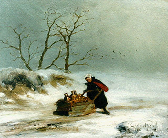 Louis Apol | Woman with sledge in winter, oil on panel, 19.2 x 23.6 cm, signed l.r. and painted ca. 1872-1875