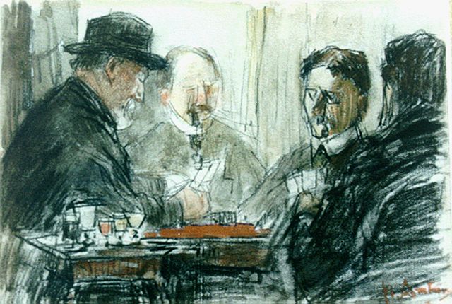 Floris Arntzenius | Playing chess, Pulchri Studio, charcoal and watercolour on paper, 13.7 x 19.5 cm, signed l.r.