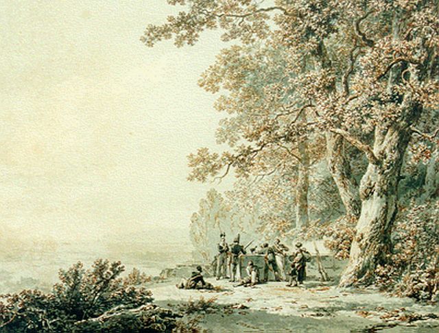 Barend Cornelis Koekkoek | Soldiers in a panoramic landscape, sepia on paper, 25.2 x 32.7 cm, signed l.r. and dated 1830