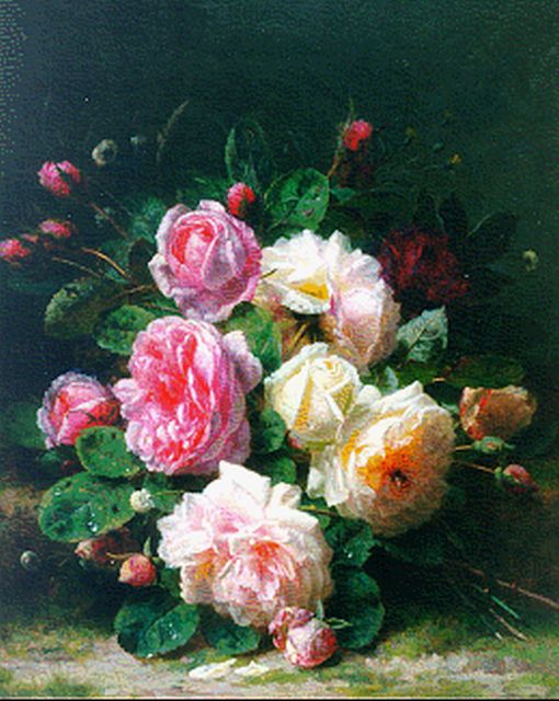 Jean-Baptiste Robie | Woodland with roses, oil on panel, 48.2 x 39.6 cm, signed l.r.