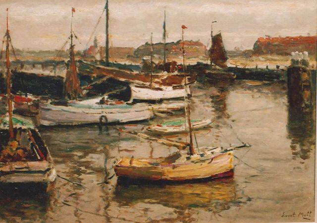 Evert Moll | Moored sailing vessels, Scheveningen, oil on canvas, 50.2 x 70.4 cm, signed l.r.