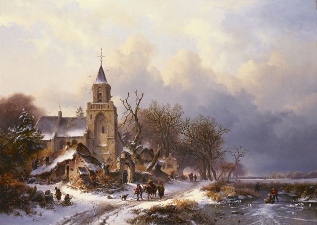 Frederik Marinus Kruseman | A winter landscape with figures on the ice, a church in the distance, oil on canvas, 79.0 x 111.3 cm, signed l.l. and dated 1858