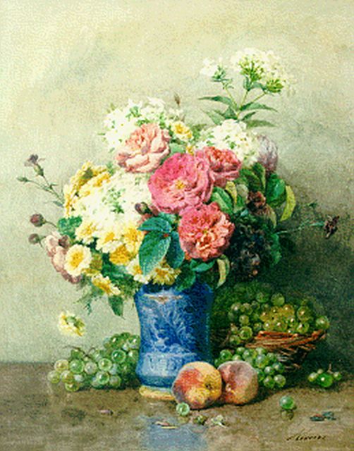 Rivoire F.  | Still life with roses, phloxes and fruit, watercolour on paper 58.4 x 46.4 cm, signed l.r.