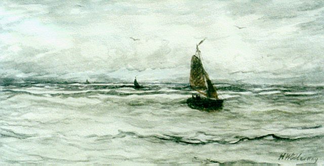Hendrik Willem Mesdag | 'Bomschuiten'  in full sail, watercolour on paper, 36.3 x 65.7 cm, signed l.r.