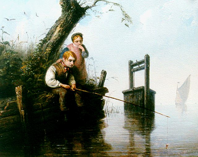 Vaarberg J.C.  | Children fishing, oil on panel 23.2 x 29.5 cm, signed on the reverse and dated '50