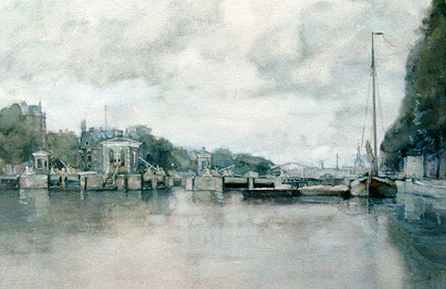 Gerard Muller | River locks in the Amstel with the Royal Theater Carré, Amsterdam, watercolour on paper, 33.0 x 48.5 cm, signed l.l.