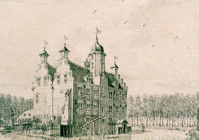 Jan de Beijer | A view of 't Huys Oude Ghijn', watercolour on paper, 6.9 x 9.9 cm, signed on the reverse