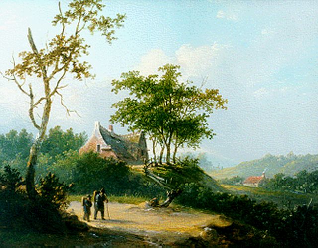Jacobus van der Stok | Travellers in an extensive summer landscape, oil on panel, 25.7 x 32.6 cm