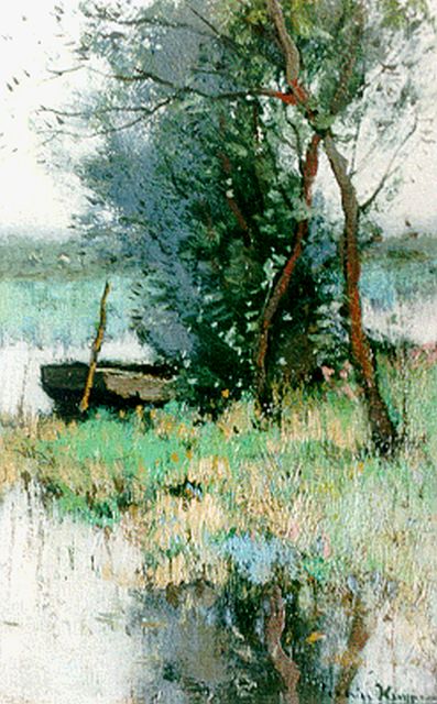 Kuijpers C.  | A moored barge in a polder landscape, oil on canvas 20.7 x 13.2 cm, signed l.r.