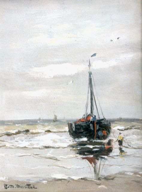 Morgenstjerne Munthe | A 'bomschuit' in the surf, 21.0 x 16.0 cm, signed l.l.