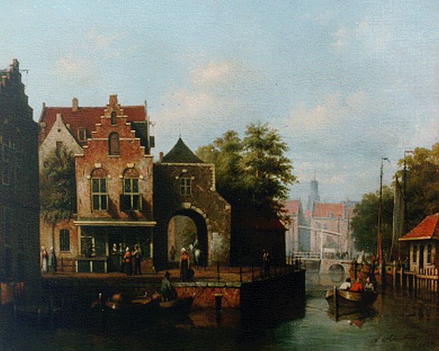 Andries Scheerboom | Daily activities in a Dutch town, oil on canvas, 53.5 x 66.6 cm, signed l.r. and dated 1856