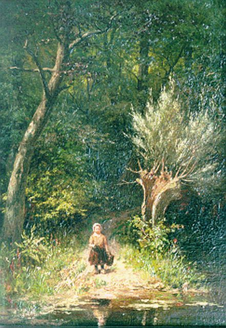 Johan Georg Gerstenhauer Zimmerman | A little girl by a forest pond, oil on panel, 32.9 x 23.3 cm, signed l.r.