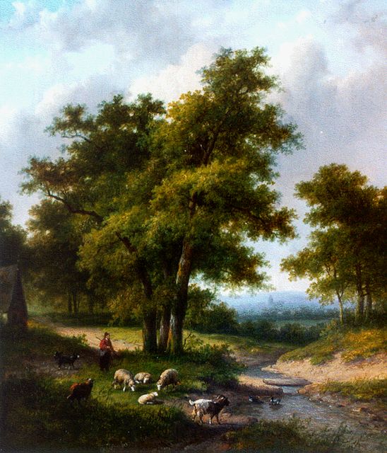 Morel II J.E.  | A herdsman with cattle near a stream in a wooded landscape, oil on canvas 31.7 x 28.1 cm, signed l.m.